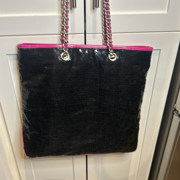 Betsey Johnson Betseyville Black Sequins Animal Print Heart Chain Strap Tote Bag - Picture 9 of 17